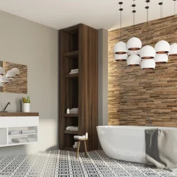 Side view of a gray and wooden bathroom interior with a white round tub, a sink and a closet with towels. 3d rendering mock up