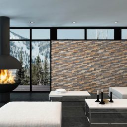 Fire roars in modern corner fireplace of luxury apartment in the mountains