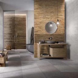 Modern bathroom with grey and beige tiles, seamless design, luxurious interior background.