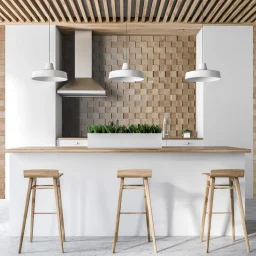 White kitchen interior with white countertops, and a tiled wall. A bar with stools. 3d rendering mock up